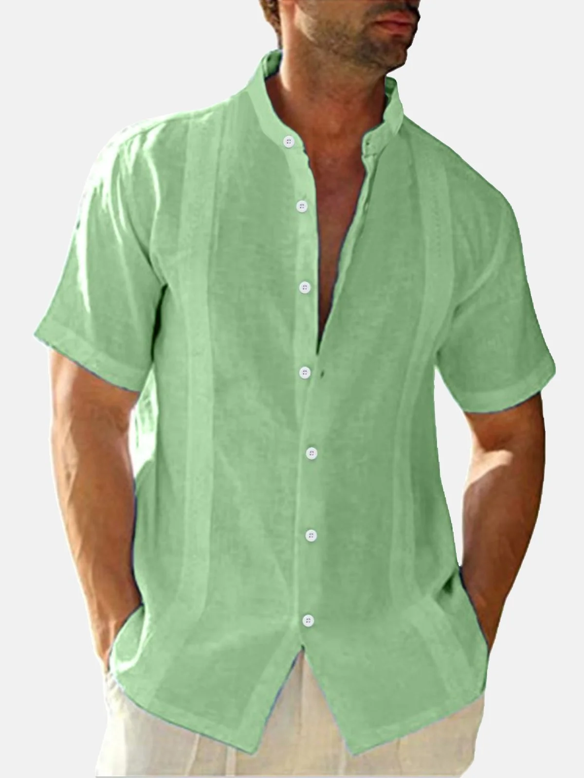 Cotton Linen Casual Stand Collar Short Sleeve Men's Shirt