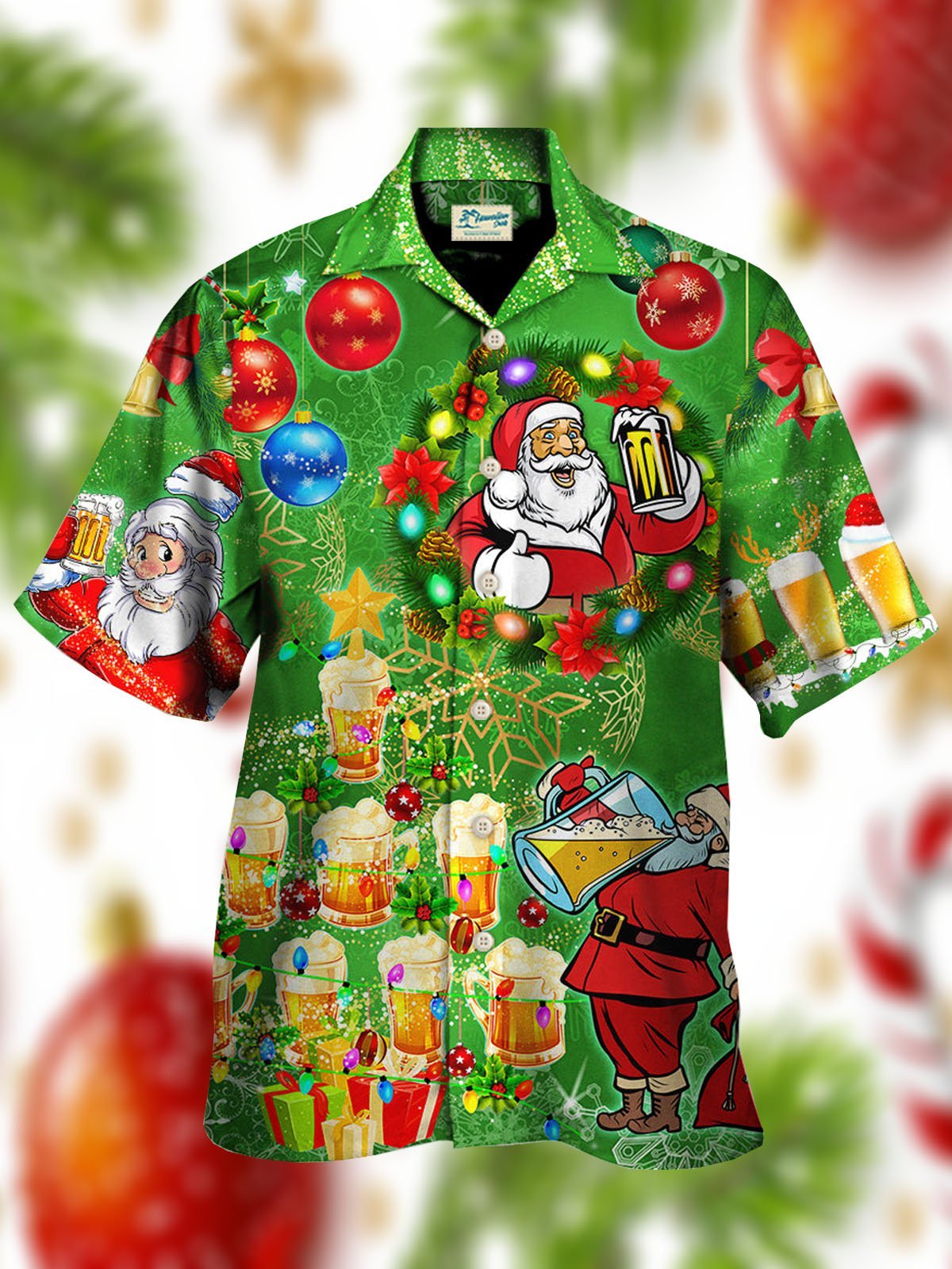 Men Funny Santa Drinking Beer Merry Christmas Tree Green Light Hawaiian Shirt