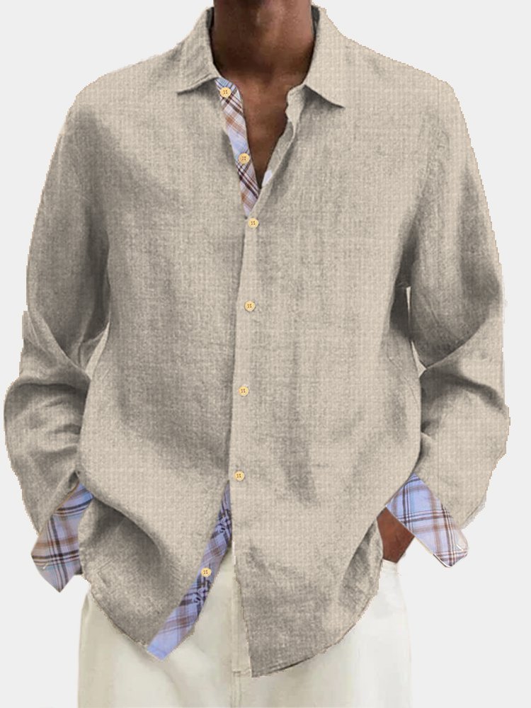 Cotton Linen Men's Holiday Check Panel Hawaiian Button Long Sleeve Shirt