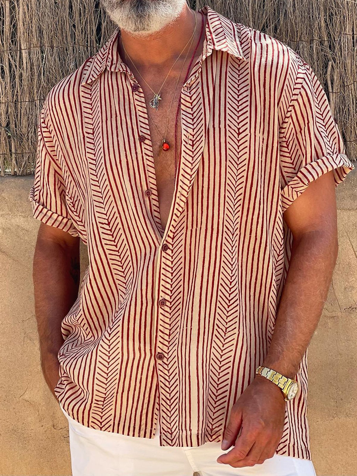 Retro Striped Chest Pocket Short Sleeve Shirt