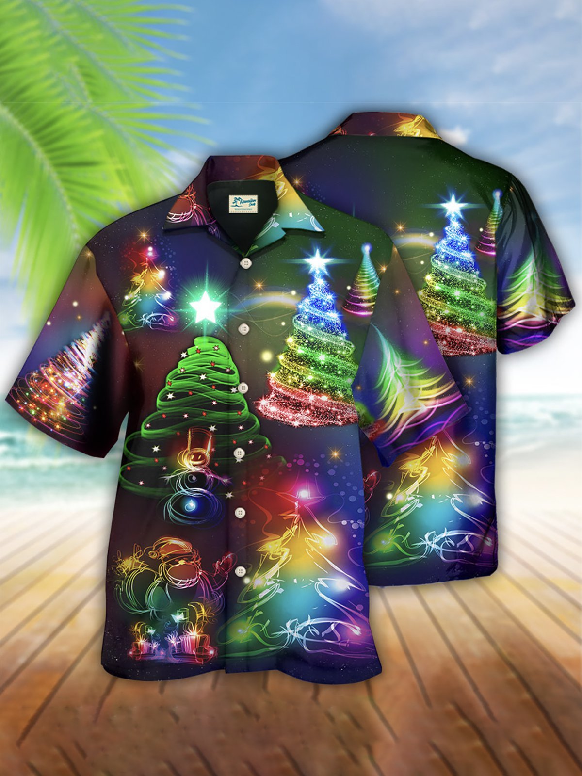 Mens Fun Christmas Pine Tree Print Loose Short Sleeve Shirts