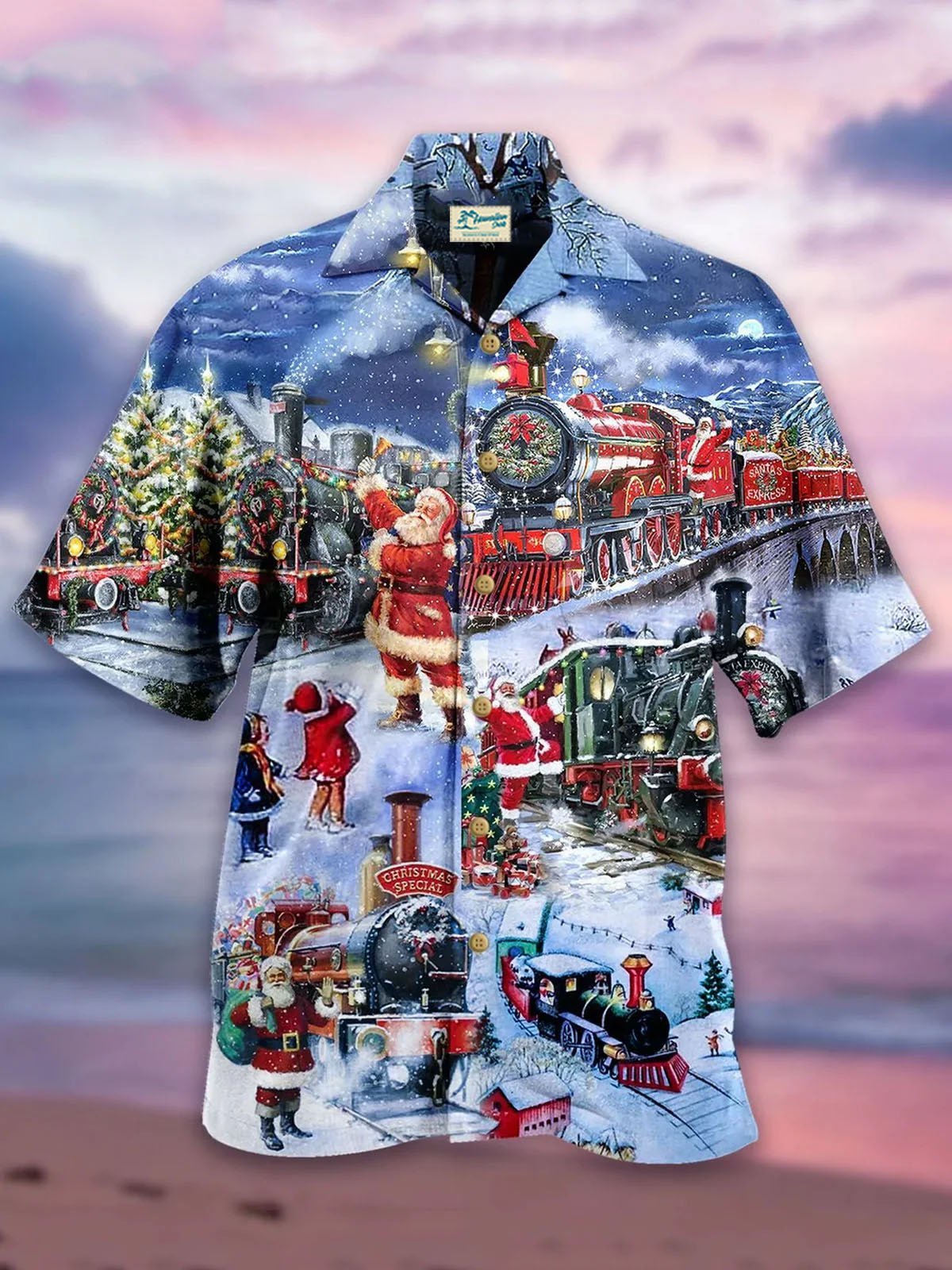 Christmas Train Shirts Men's Santa Claus Shirts Festival Short Sleeve Tops