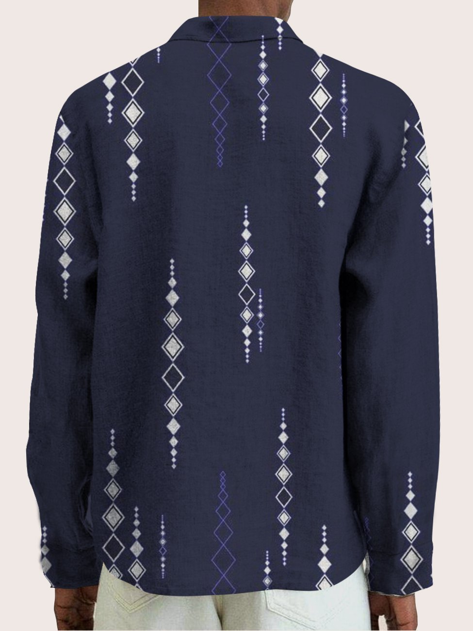 Men's Deep Blue Tribal Pattern Casual Cotton Linen Long Sleeve Plus Size Shirt