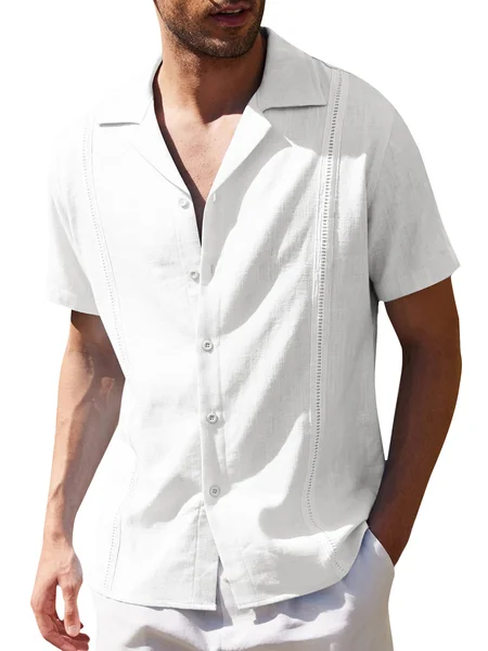 Plain Shirt Collar Cotton And Linen Short Sleeve Short Sleeve Shirt