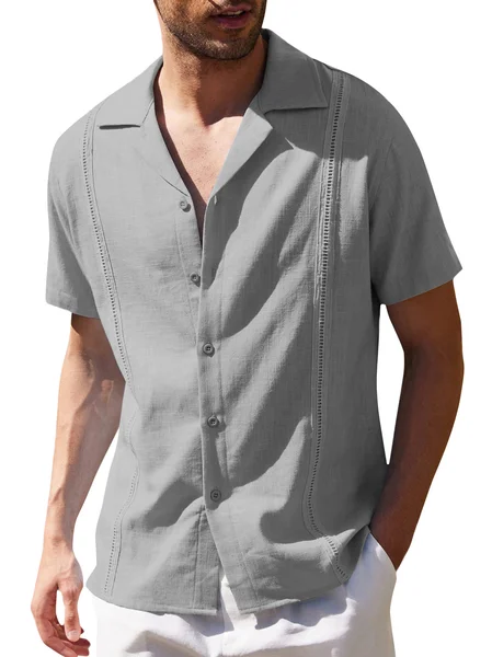 Plain Shirt Collar Cotton And Linen Short Sleeve Short Sleeve Shirt