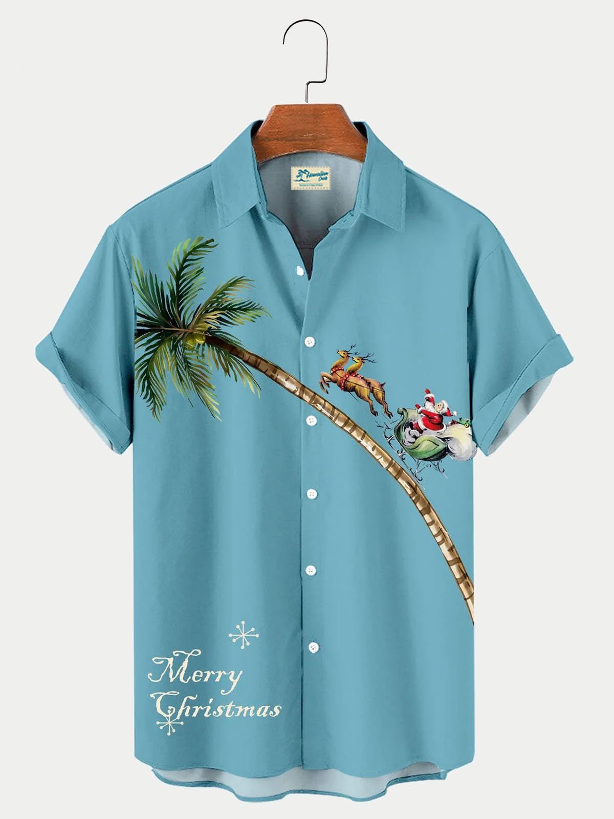 Men's Christmas Elk Coconut Tree Print Short Sleeve Hawaiian Shirt