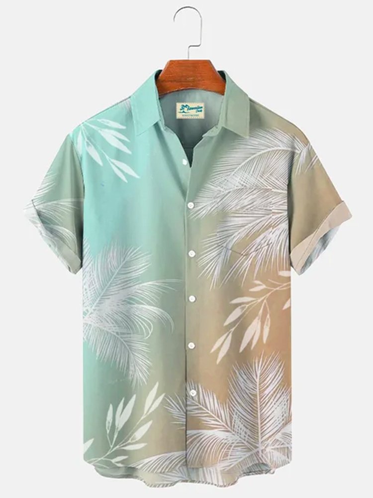 Men's Vacation Gradient Hawaiian Short Sleeve Seersucker Wrinkle Free Shirt Top