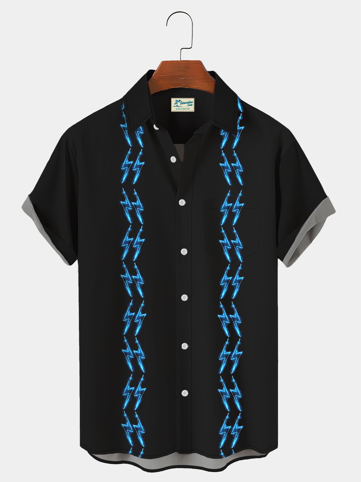  Vintage Bowling Lightning Neon Chest Pocket Hawaiian Shirt Plus Size Vacation Shirt