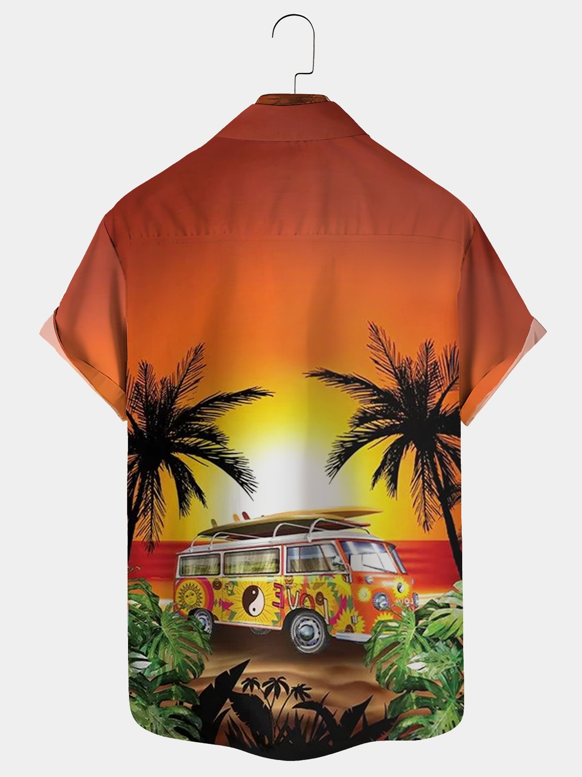  Sunset Ocean Sightseeing Bus Coconut Tree Breast Pocket Hawaiian Shirt Oversized Vacation Shirt