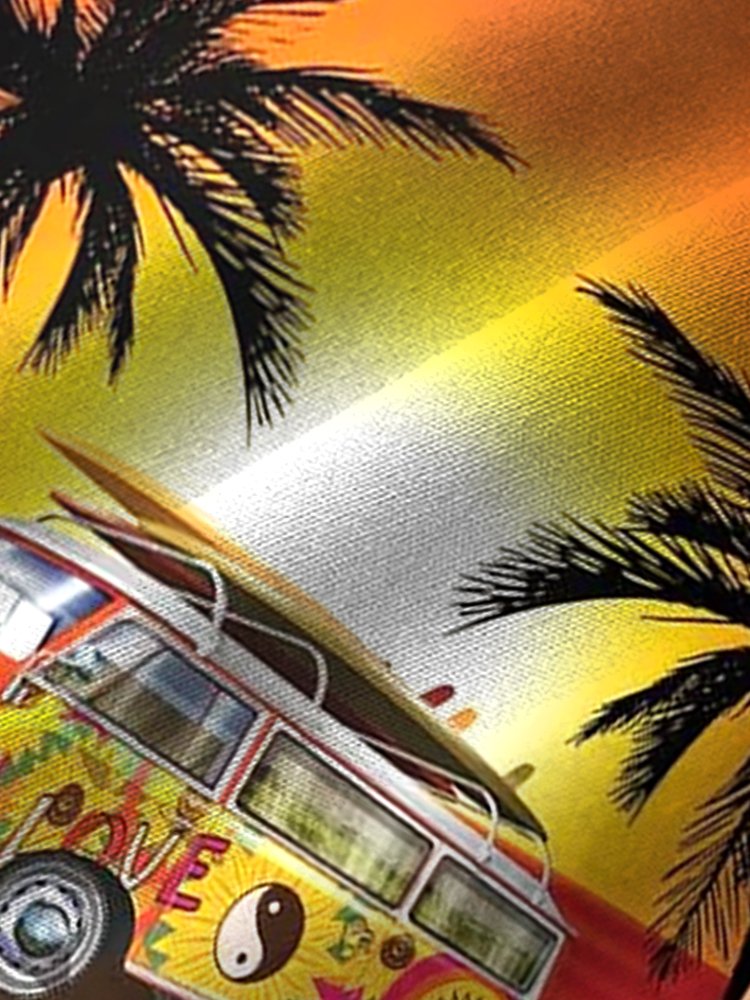  Sunset Ocean Sightseeing Bus Coconut Tree Breast Pocket Hawaiian Shirt Oversized Vacation Shirt