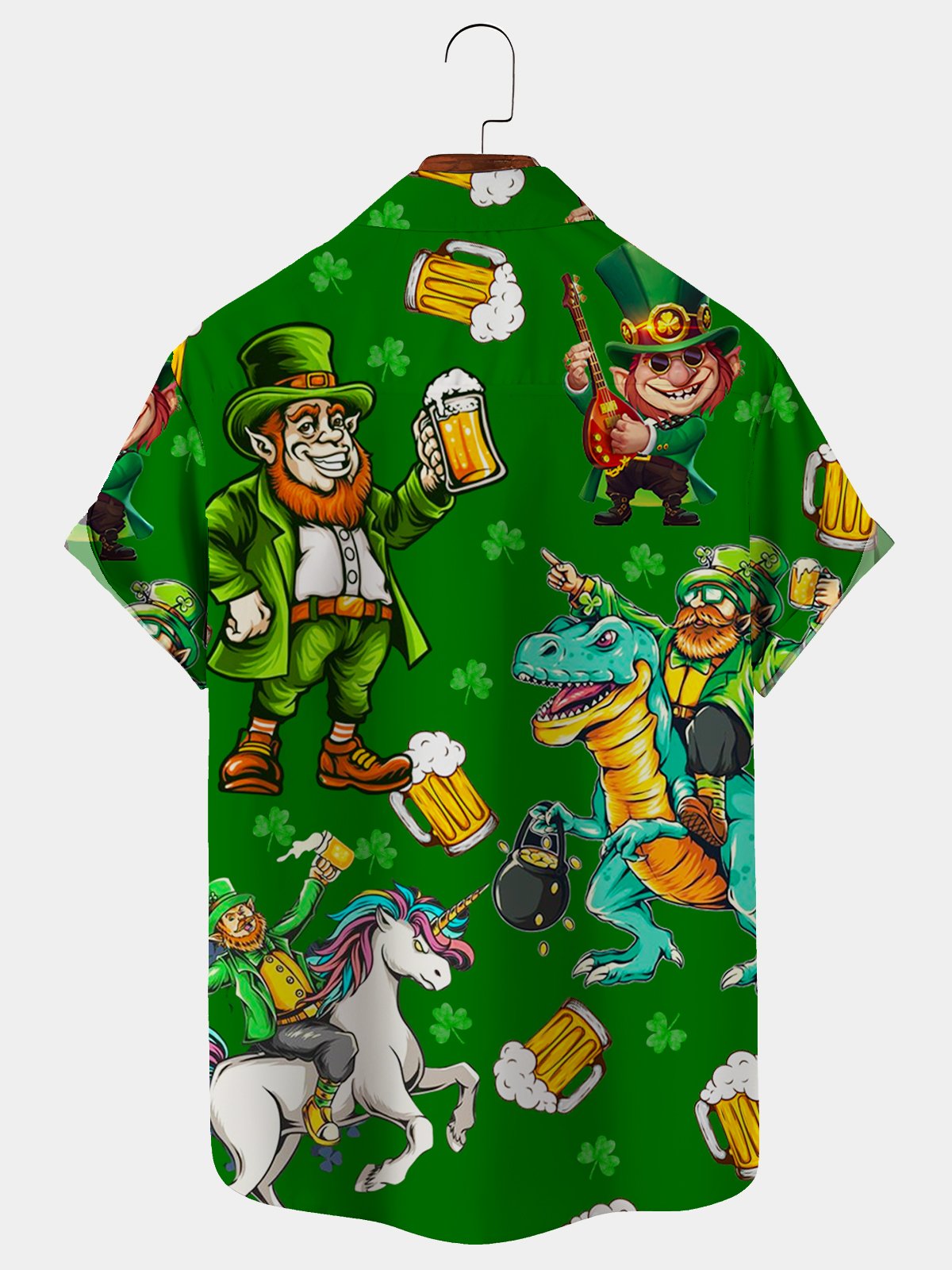 St. Patrick's Day Green Shamrock Dinosaur Fun Print Hawaiian Shirt Plus Size Vacation Shirt