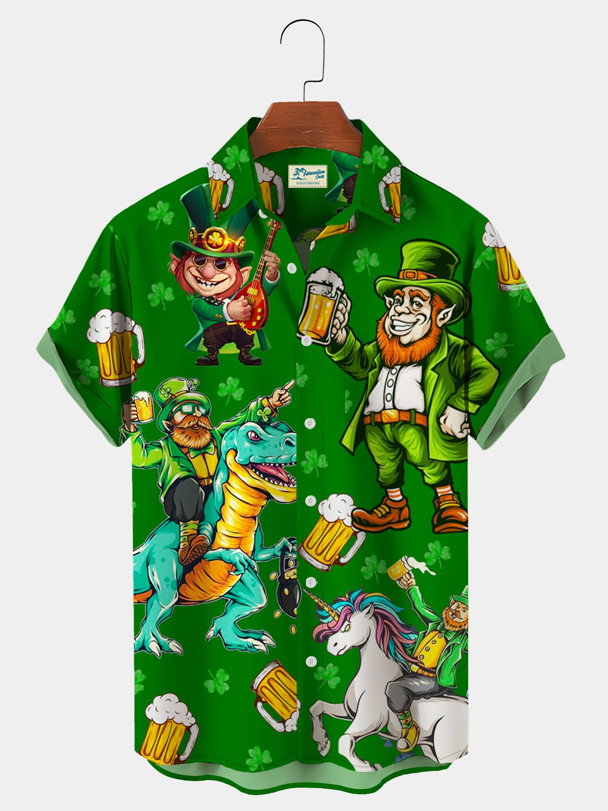 St. Patrick's Day Green Shamrock Dinosaur Fun Print Hawaiian Shirt Plus Size Vacation Shirt