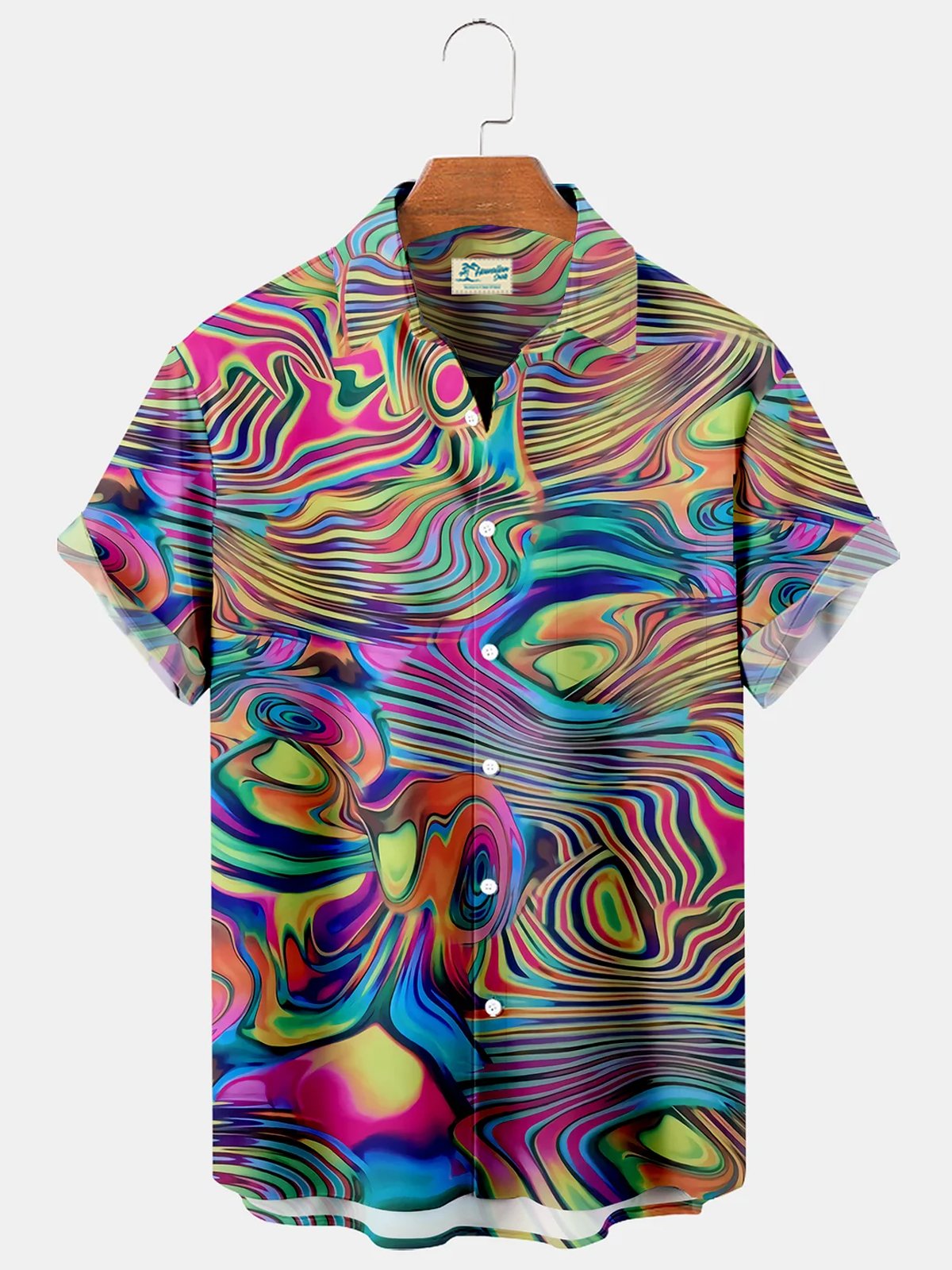  Neon Ombre Hawaiian Breast Pocket Shirt Oversized Vacation Wrinkle-Free Shirt