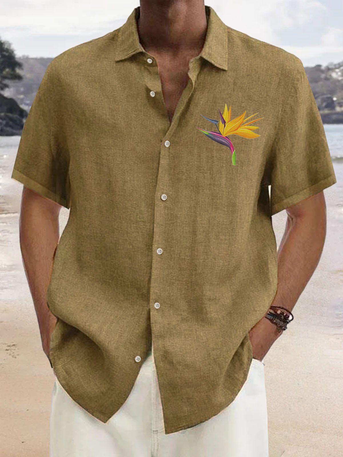  Beach Holiday Bird Of Paradise Men's Hawaiian Shirt Tropical Floral Cotton Linen Oversized Button Down Camp Shirts