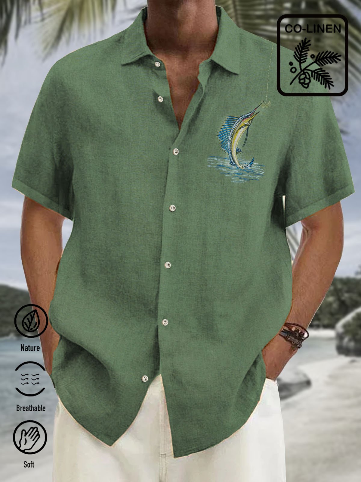  Tropical Ocean Men's Hawaiian Shirts FishTree Coconut Tree Art Oversized Cotton Linen Camp Shirts