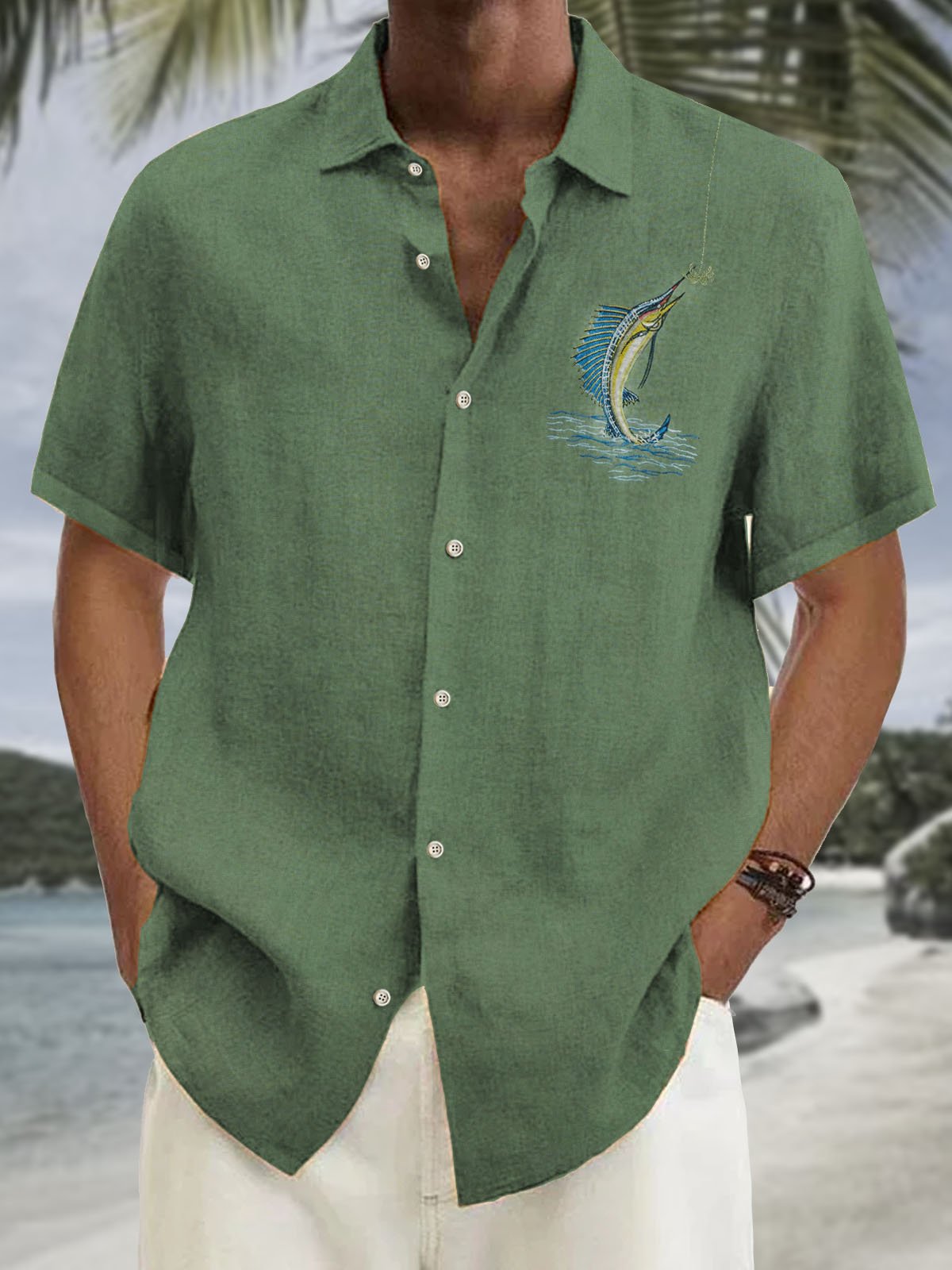  Tropical Ocean Men's Hawaiian Shirts FishTree Coconut Tree Art Oversized Cotton Linen Camp Shirts