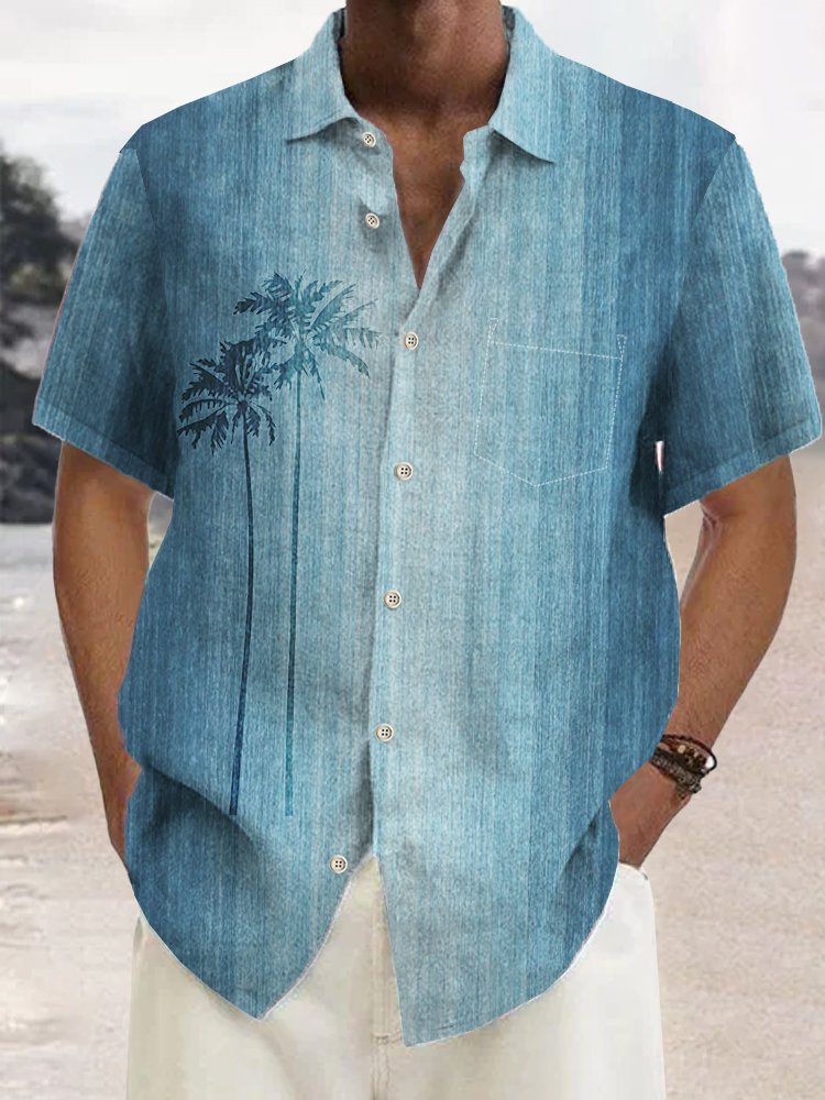  Cotton Linen Gradient Coconut Tree Hawaiian Shirt Oversized Vacation Aloha Shirt