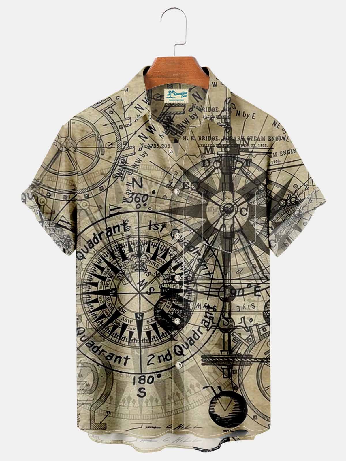  Vintage Navigation Map Compass Print Chest Bag Shirt Plus Size Shirt