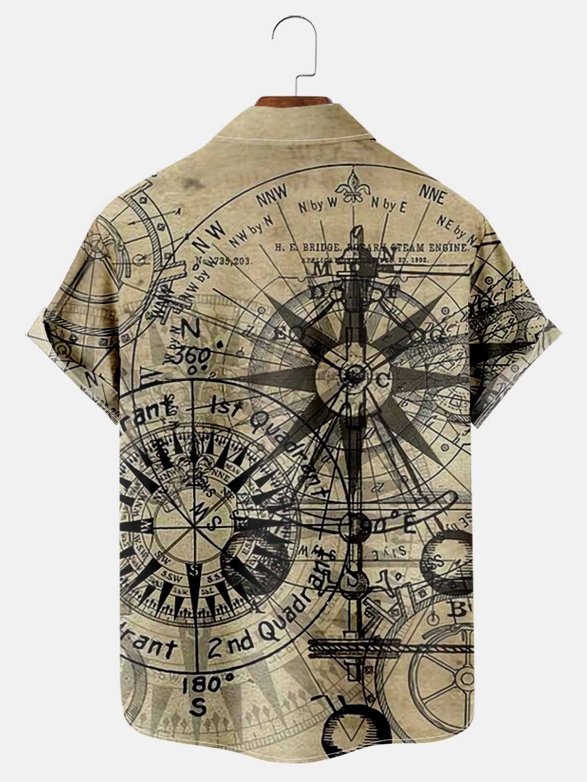  Vintage Navigation Map Compass Print Chest Bag Shirt Plus Size Shirt