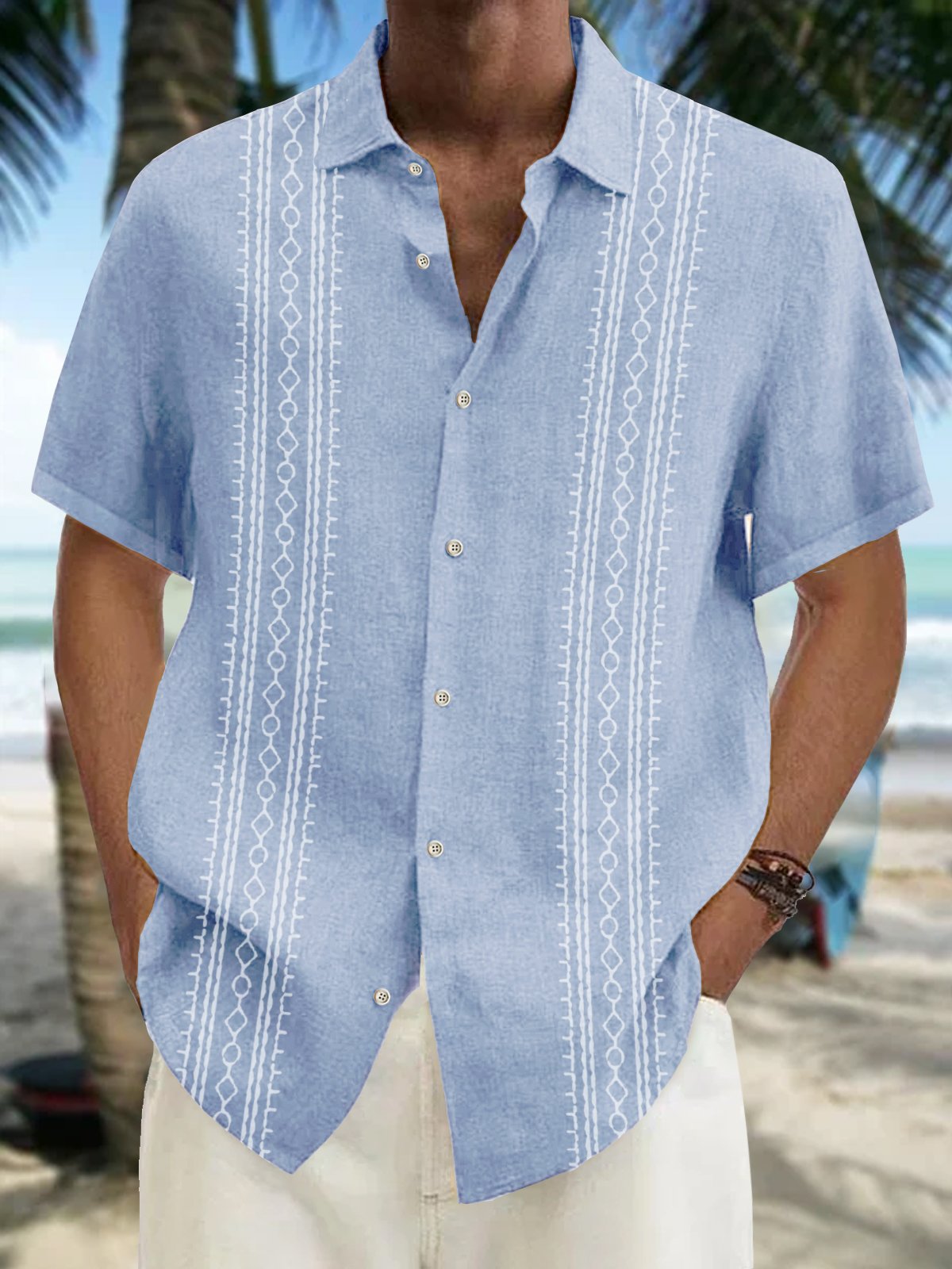  Holiday Casual Men's Guayabera Shirts Aztec Cotton Linen Blend Plus Size Camp Shirts
