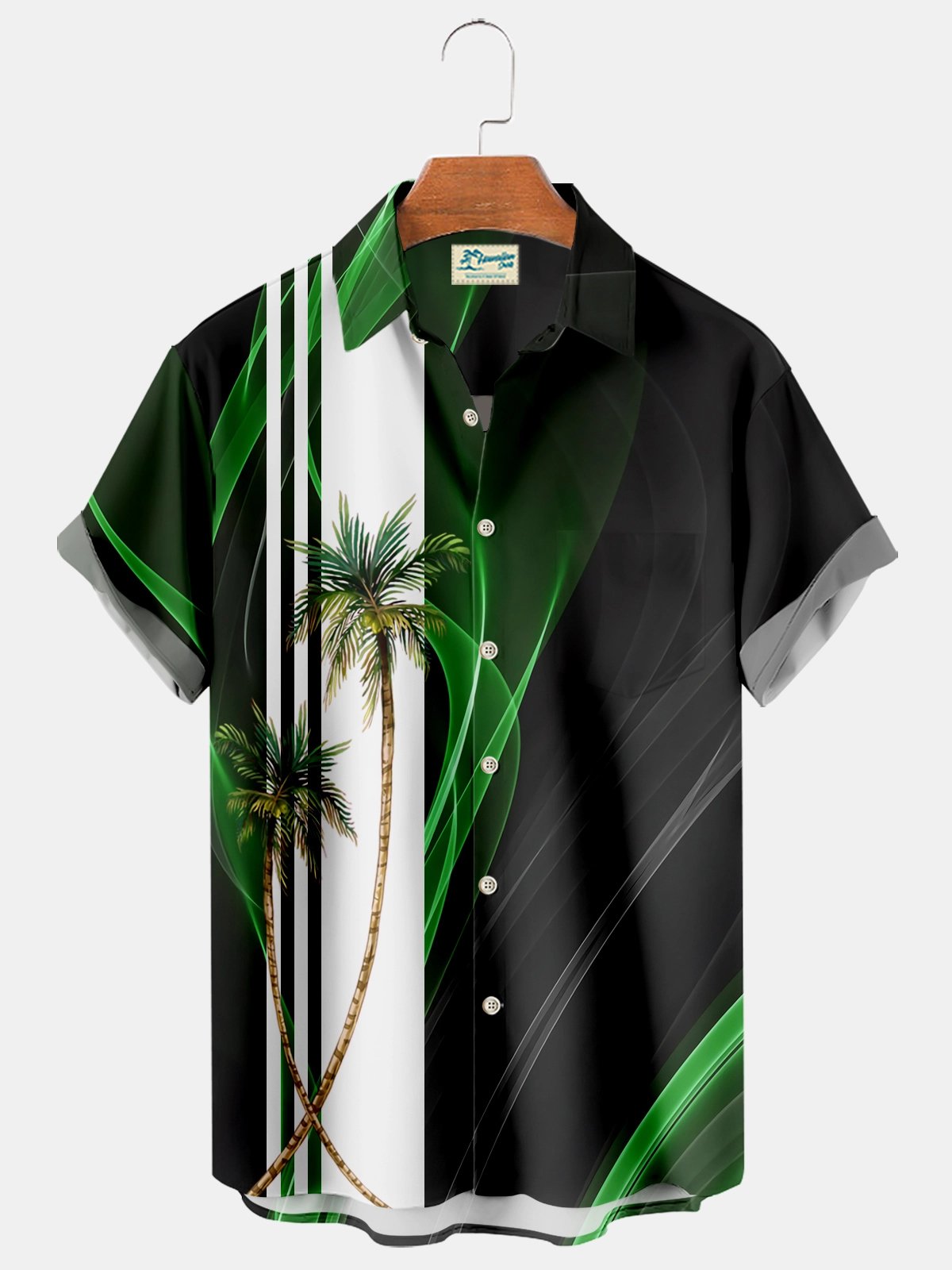  Vintage Hawaiian Coconut Tree Print Men's Black Chest Bag Shirt Plus Size Shirt