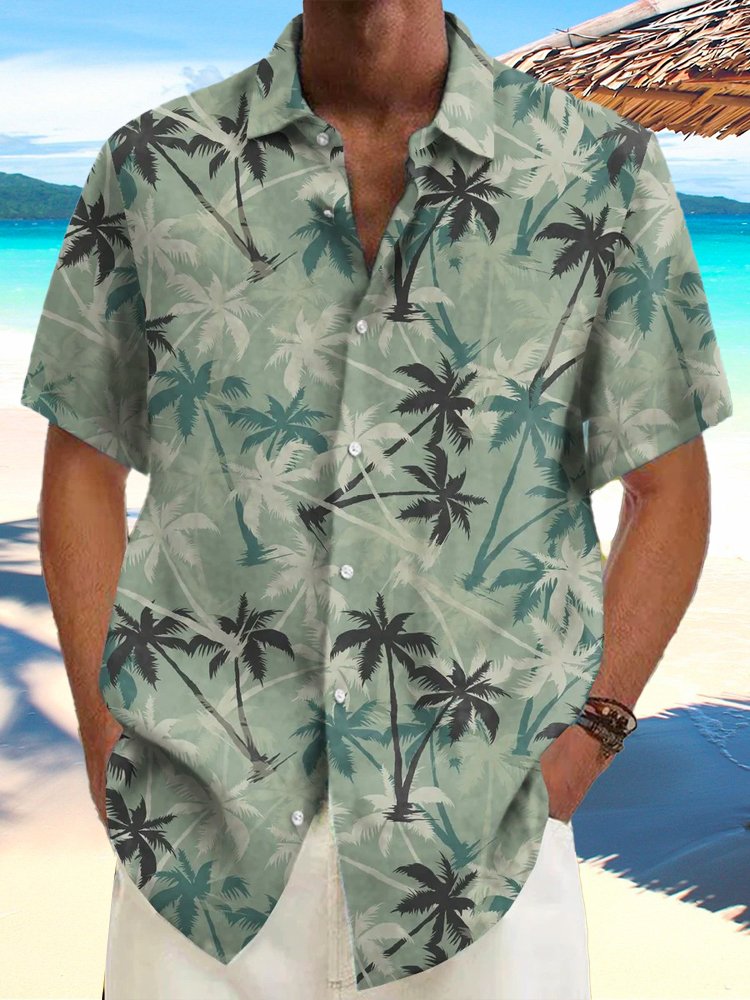  Cotton Linen Vintage Coconut Tree Print Holiday Beach Hawaii Oversized Aloha Comfortable Breathable Shirt