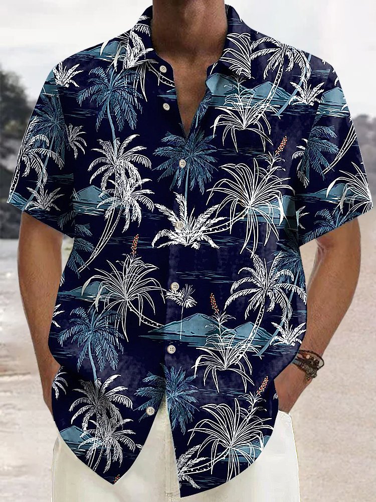  Linen Hawaiian Coconut Tree Blue Print Chest Bag Shirt Plus Size Holiday Shirt