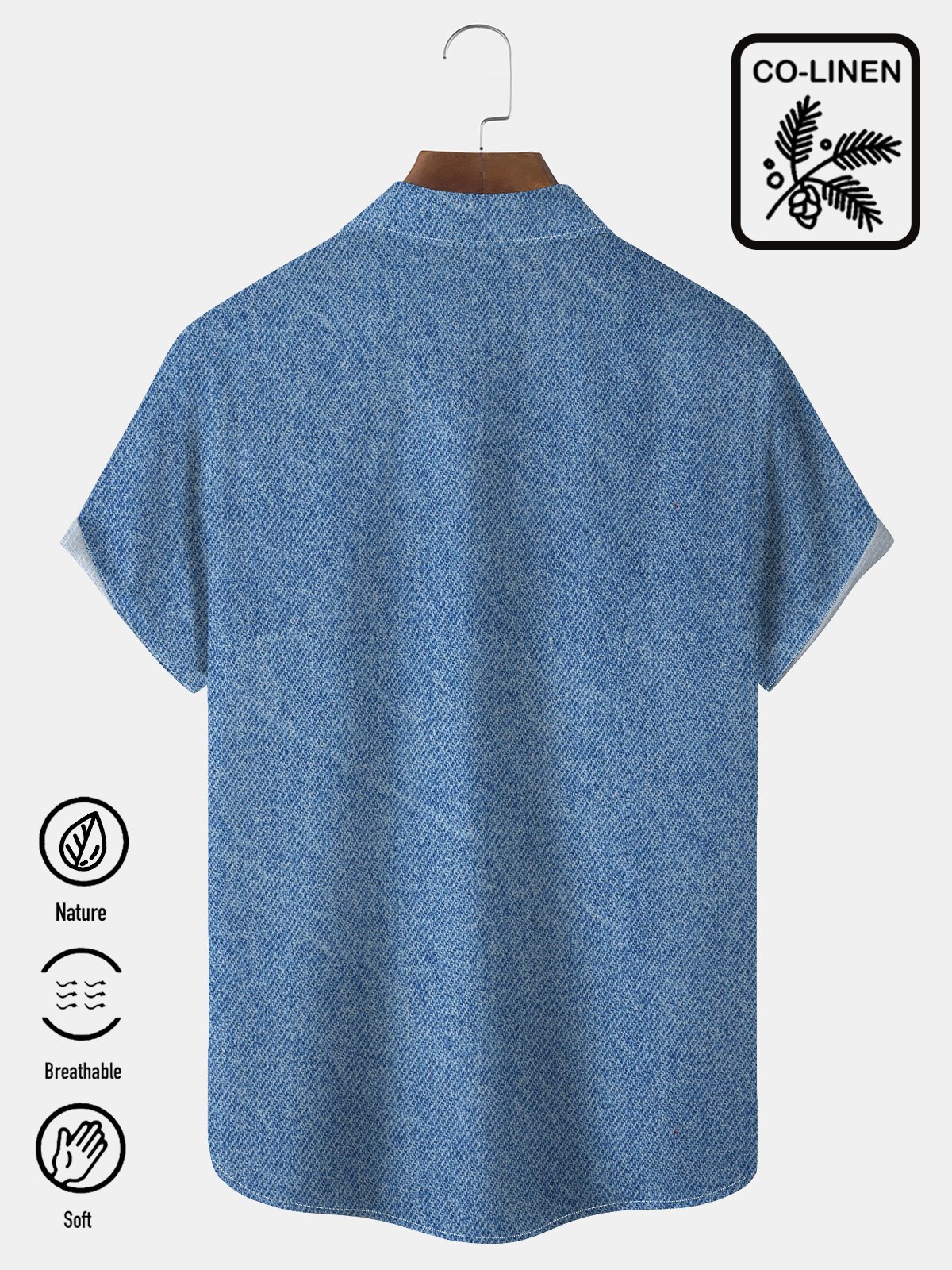  Hawaiian blue linen denim imitation coconut tree print chest pocket holiday shirt oversized Hawaiian shirt