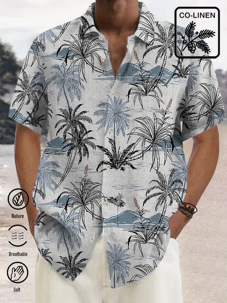  Linen Hawaiian Coconut Tree Blue Print Chest Bag Shirt Plus Size Holiday Shirt