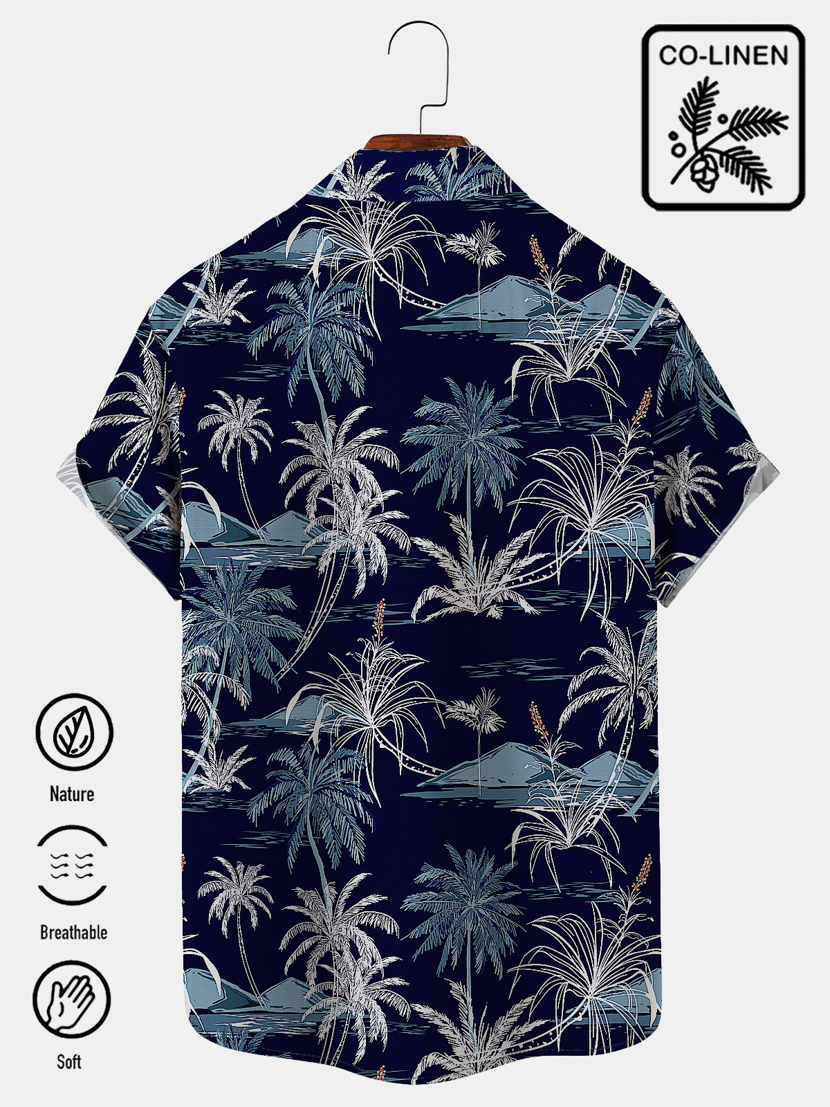  Linen Hawaiian Coconut Tree Blue Print Chest Bag Shirt Plus Size Holiday Shirt