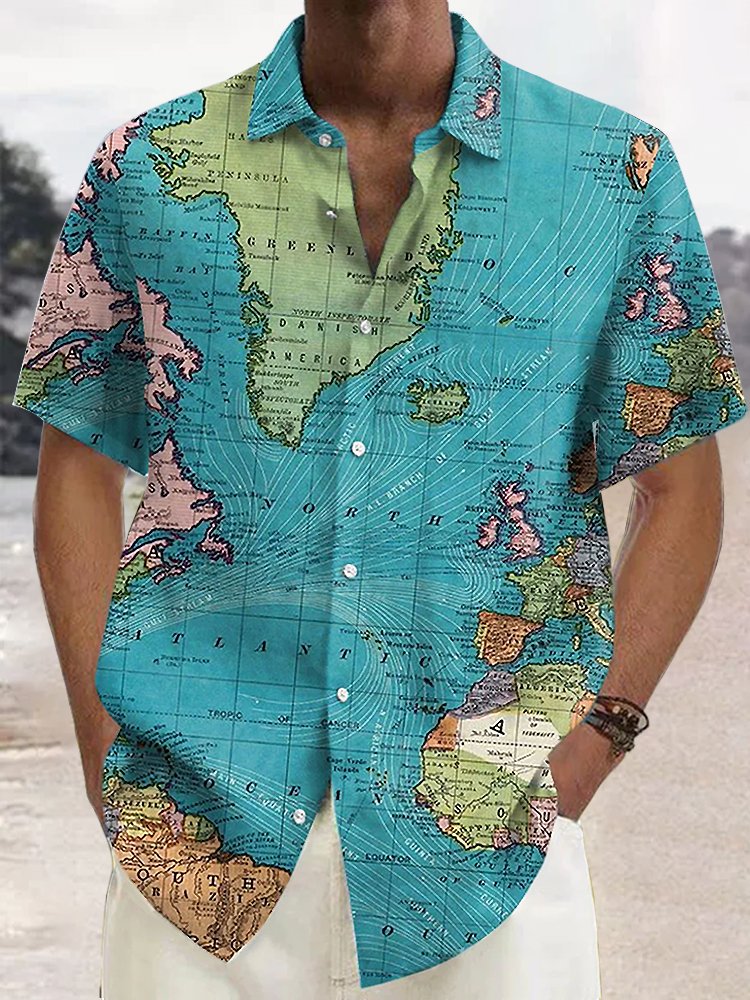 Cotton Linen Navigation Map Retro Men's Plus Size Shirt