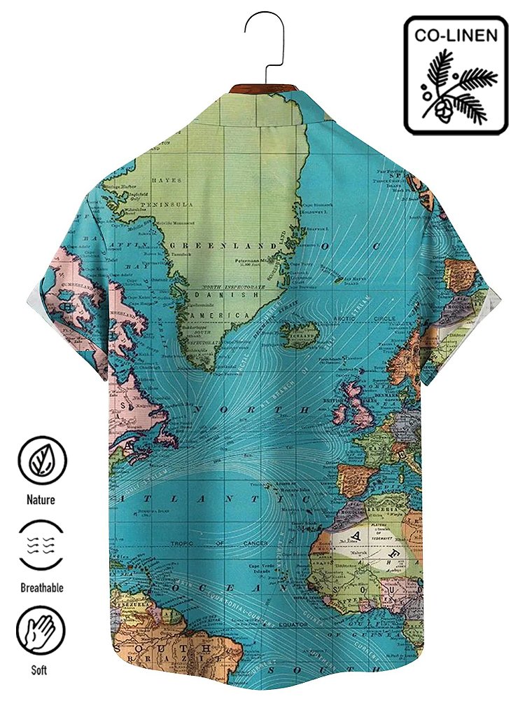 Cotton Linen Navigation Map Retro Men's Plus Size Shirt