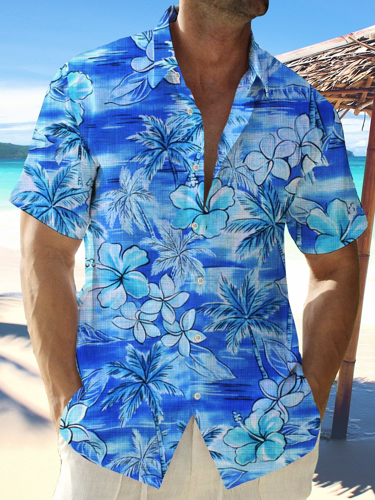 Cotton Linen Coconut Plumeria Print Men's Vacation Hawaiian Big and Tall Aloha Shirt