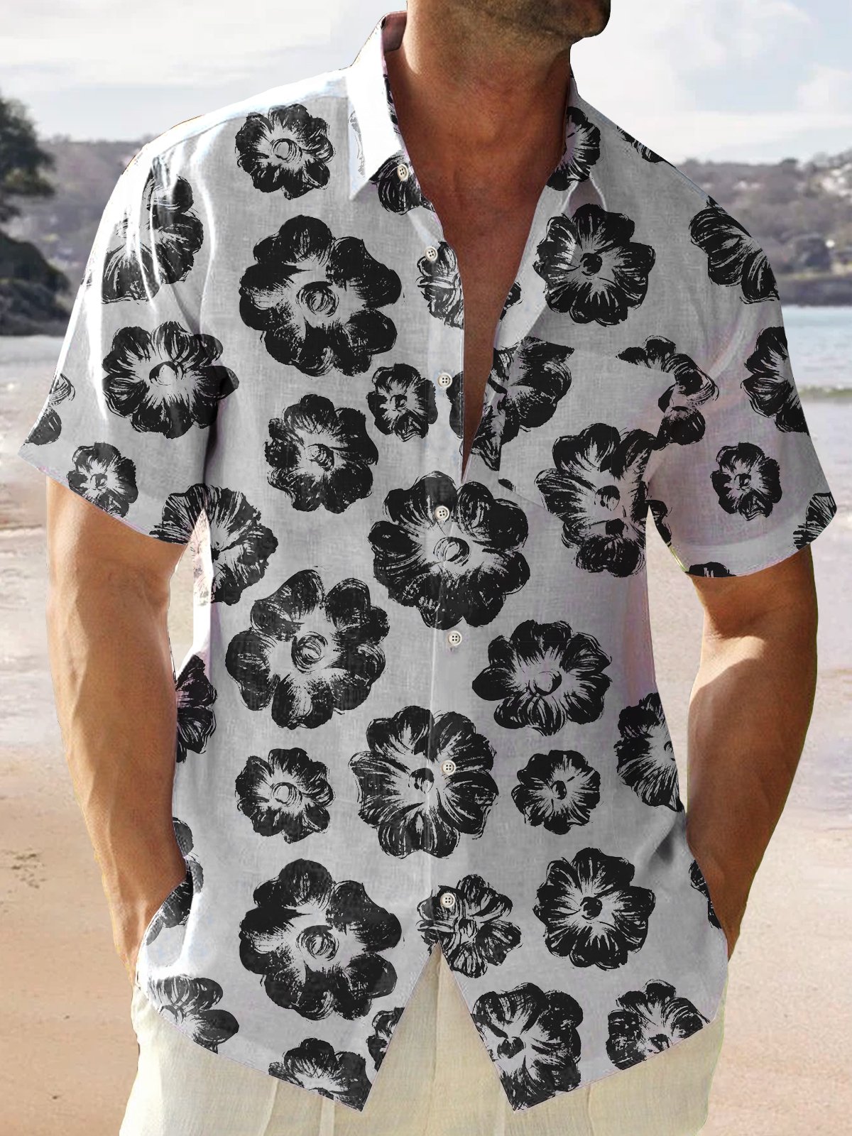 Beach Vacation Ink Flower Men's Hawaiian Shirt  Plus Size Aloha Art Shirts