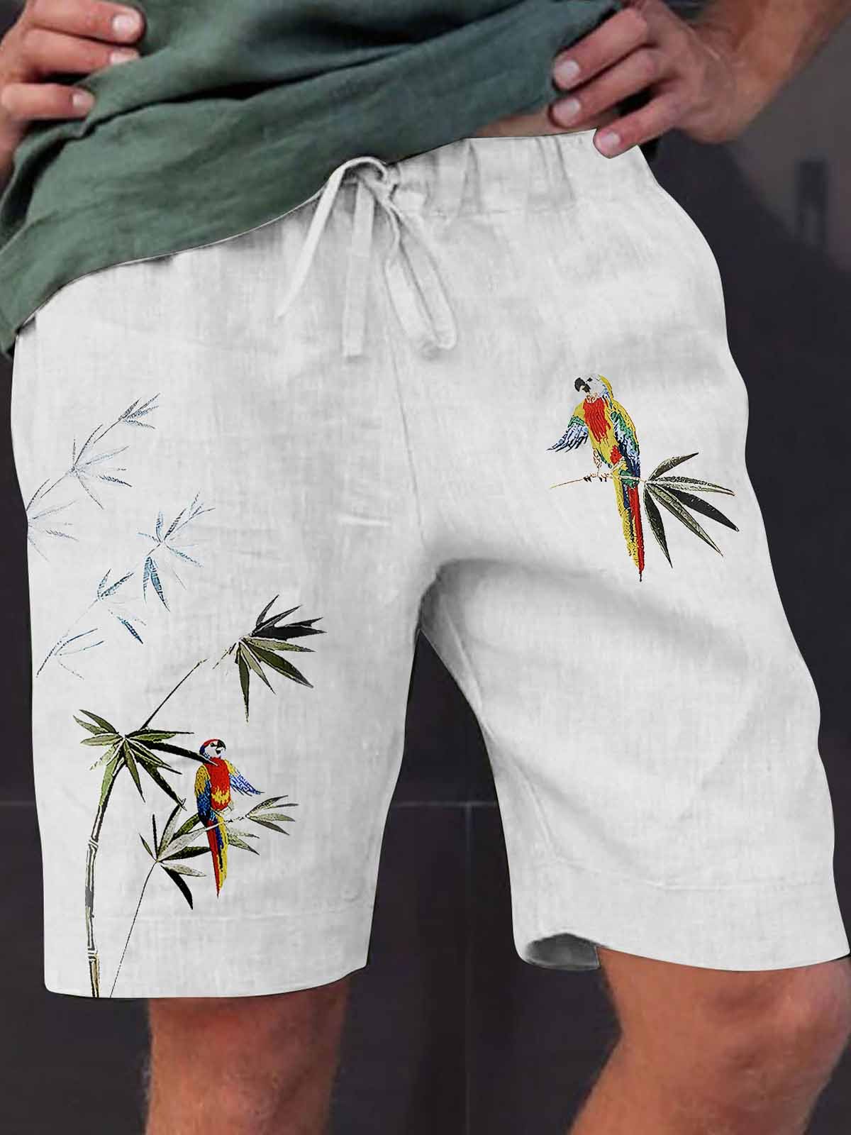 Cotton hemp parrot plant leaves men's casual breathable shorts