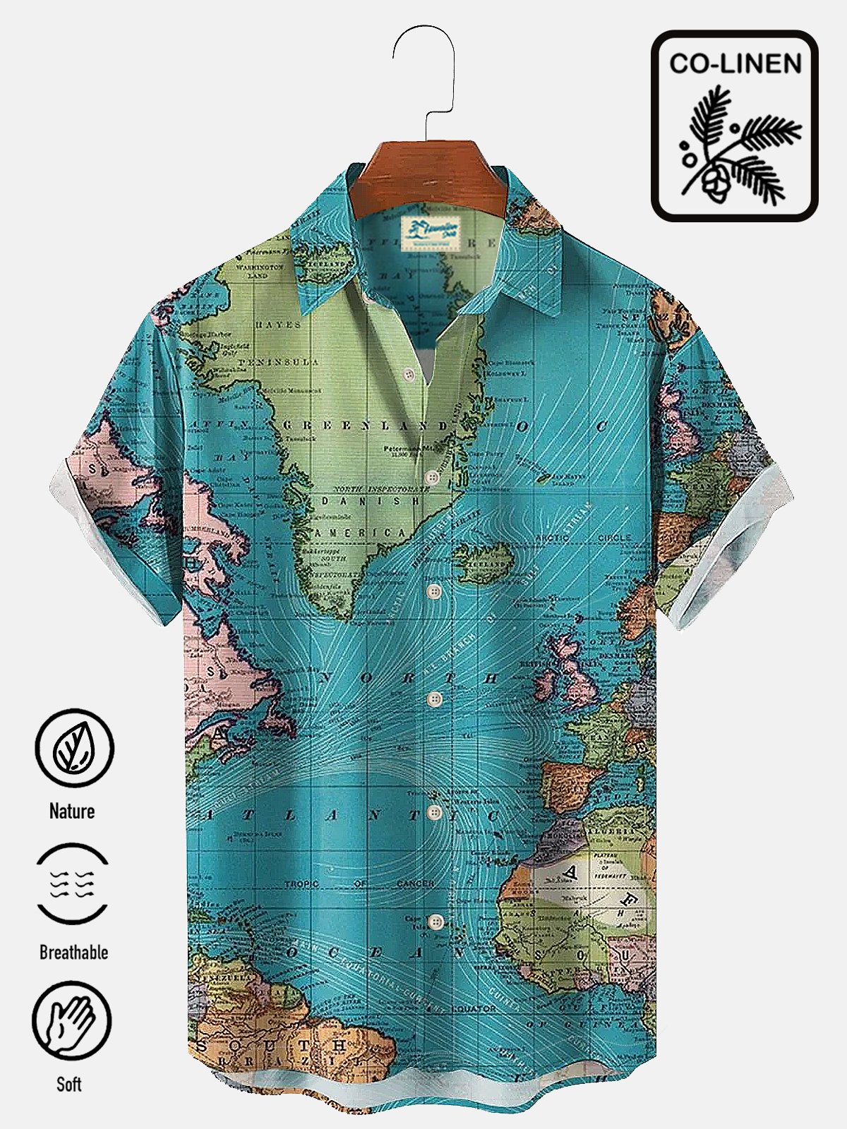 Cotton Linen Navigation Map Retro Men's Plus Size Shirt