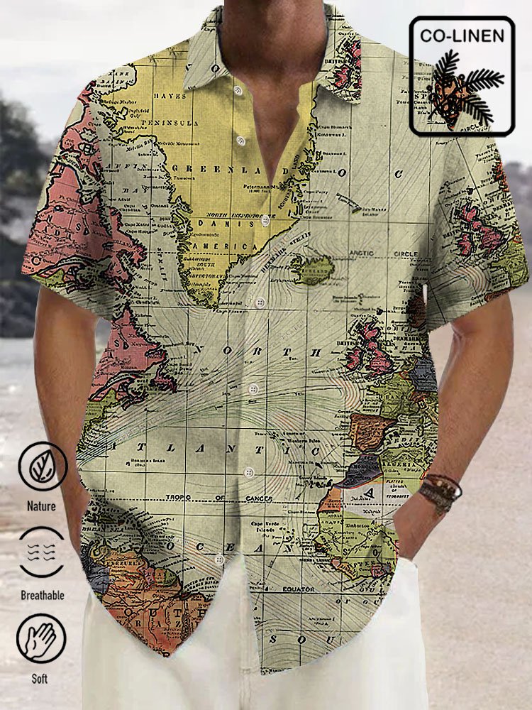 Cotton Linen Navigation Map Retro Men's Plus Size Shirt