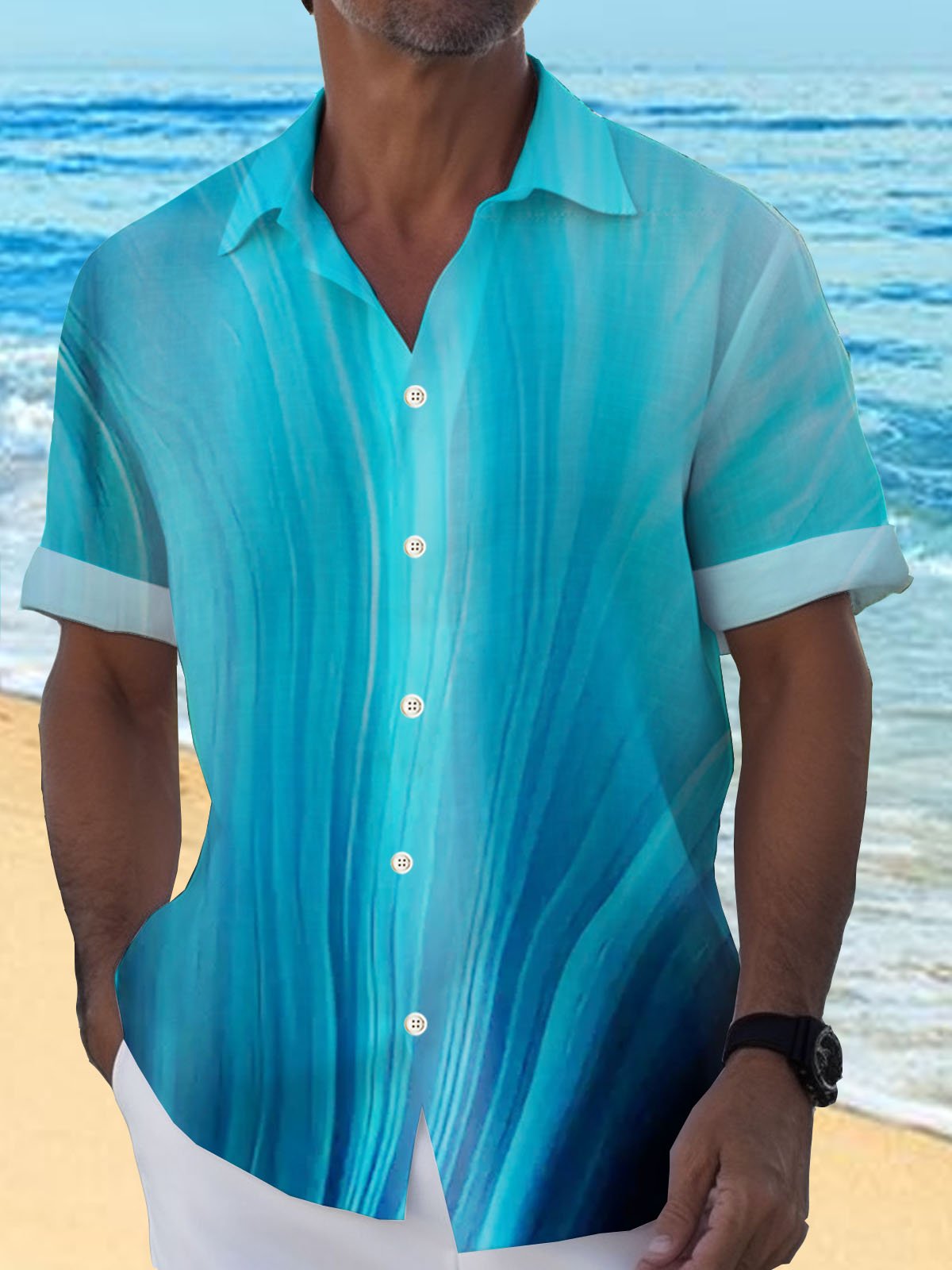 JoyMitty Natural Fiber Gradient Men's Hawaiian Button Down Shirt