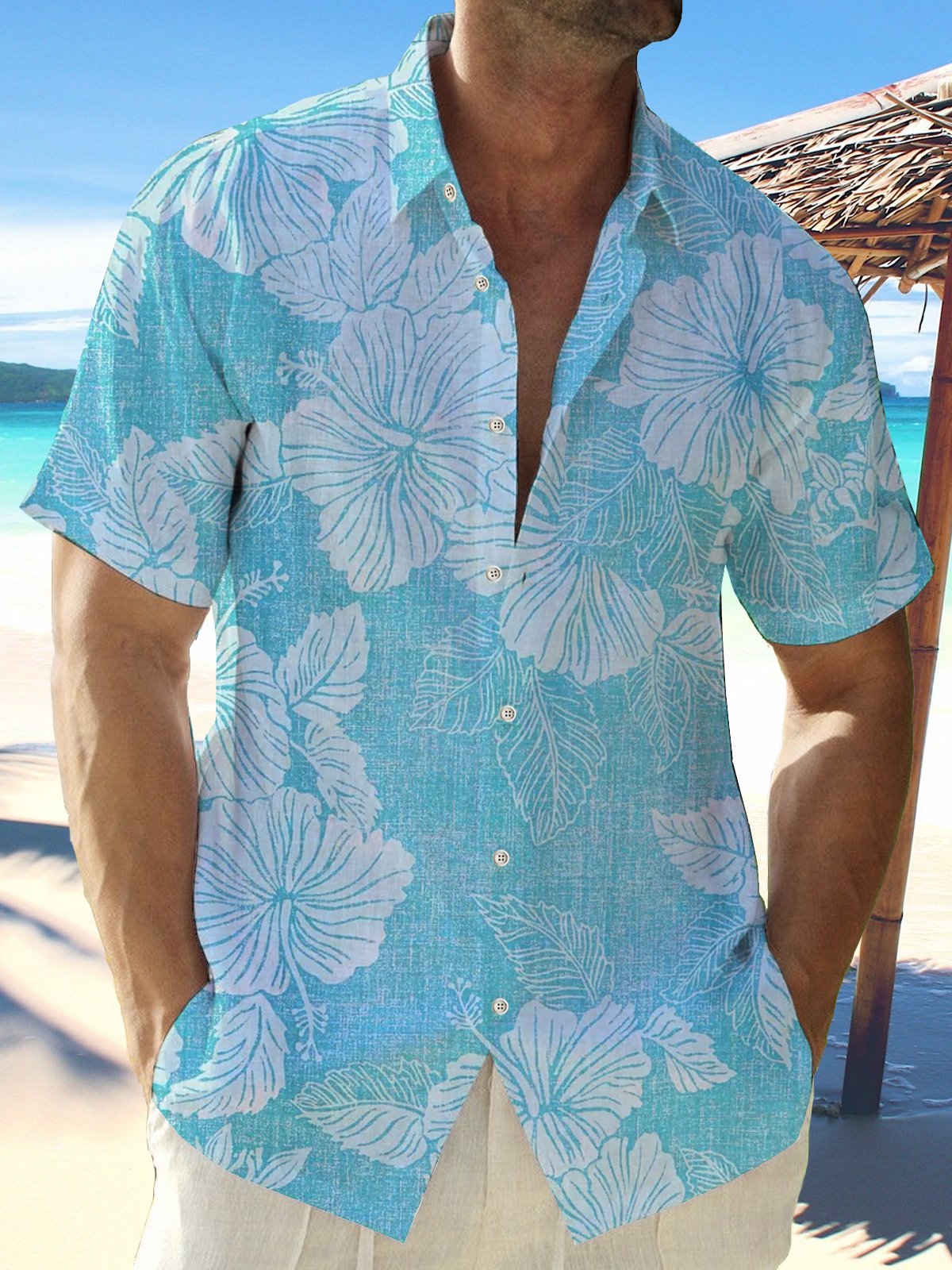  Cotton Linen Floral Men's Vacation Beach Hawaiian Big & Tall Aloha Shirt