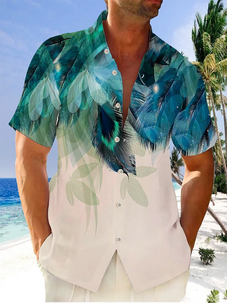  Cotton Linen Gradient Tropical Leaf Print Men's Vacation Beach Hawaiian Big & Tall Aloha Shirt