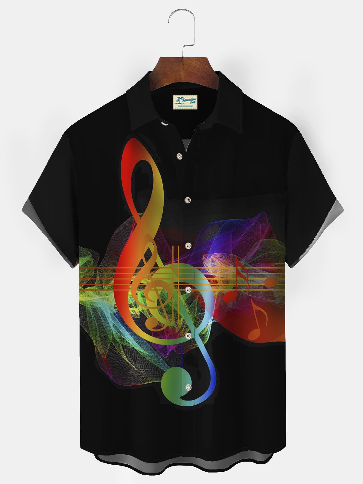Mens Music Note Print Lapel Casual Loose Short Sleeve Hawaiian Shirt