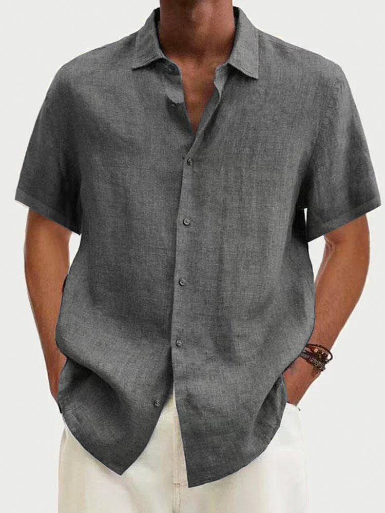 Men's Solid Color Cotton Linen Button Short Sleeve Shirt