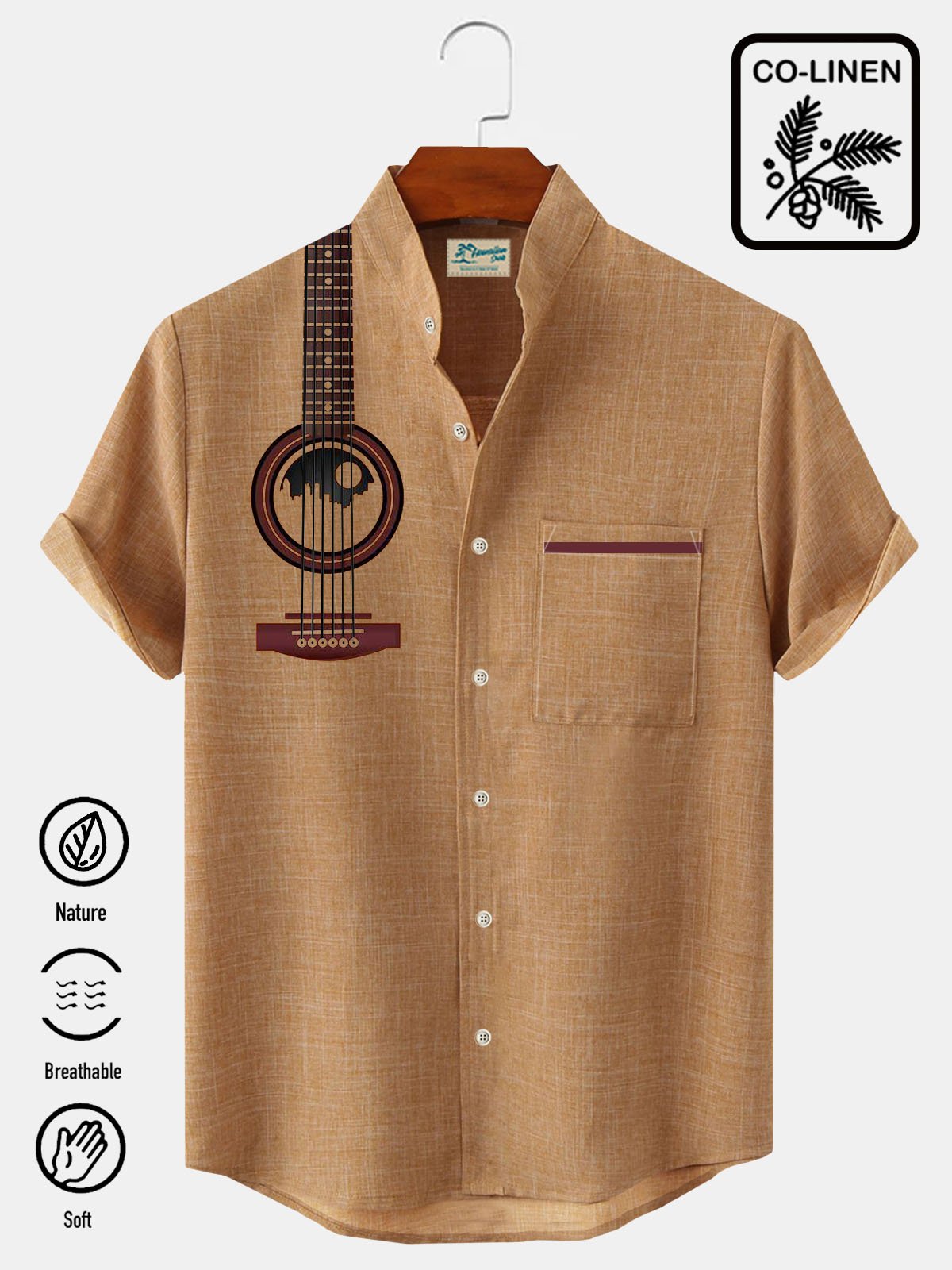 JoyMitty Vintage Musical Instrument Print Men's Stand Collar Button Pocket Shirt