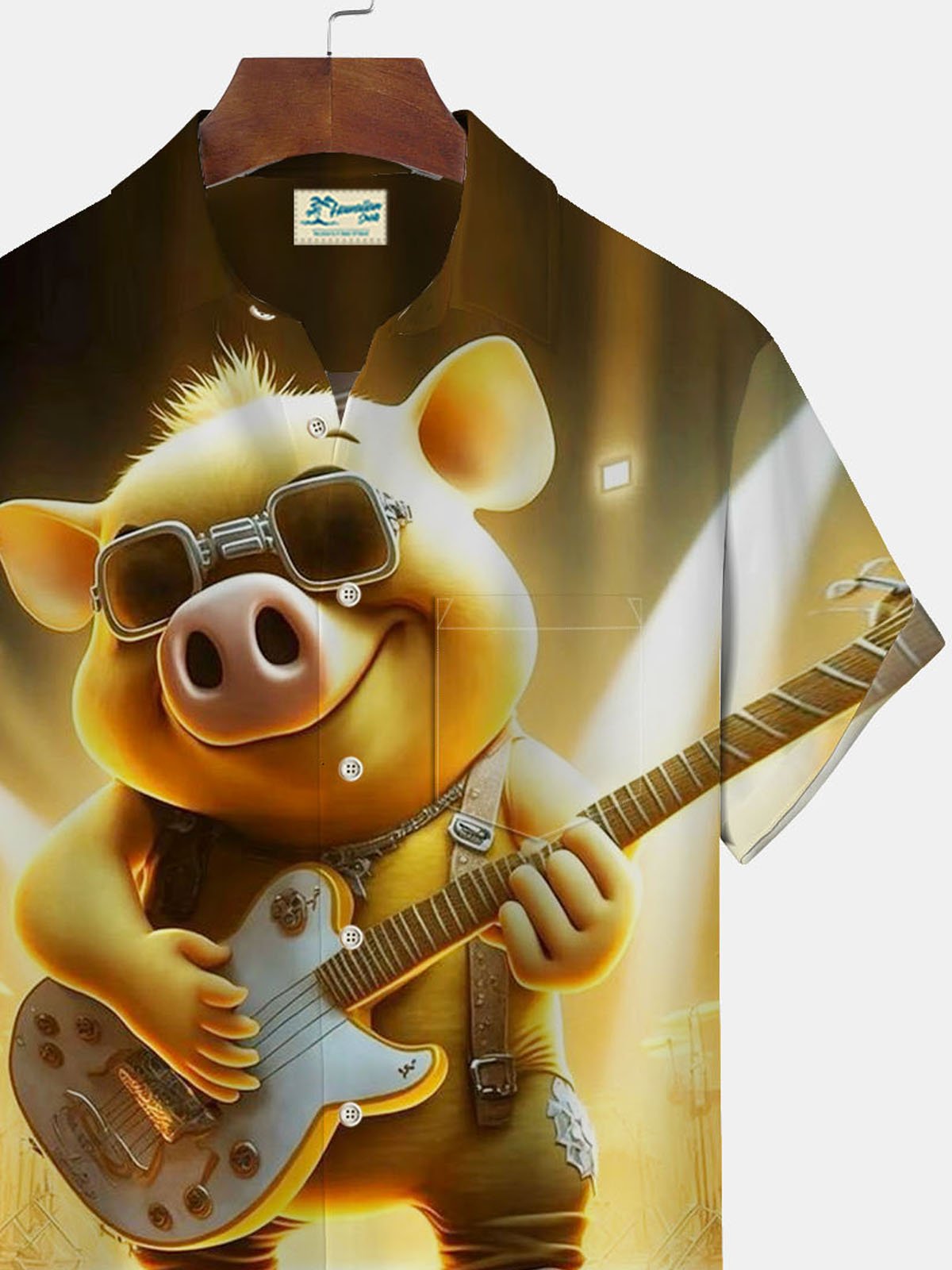 Music Instrument Guitar Pig Print Men's Button Pocket Shirt