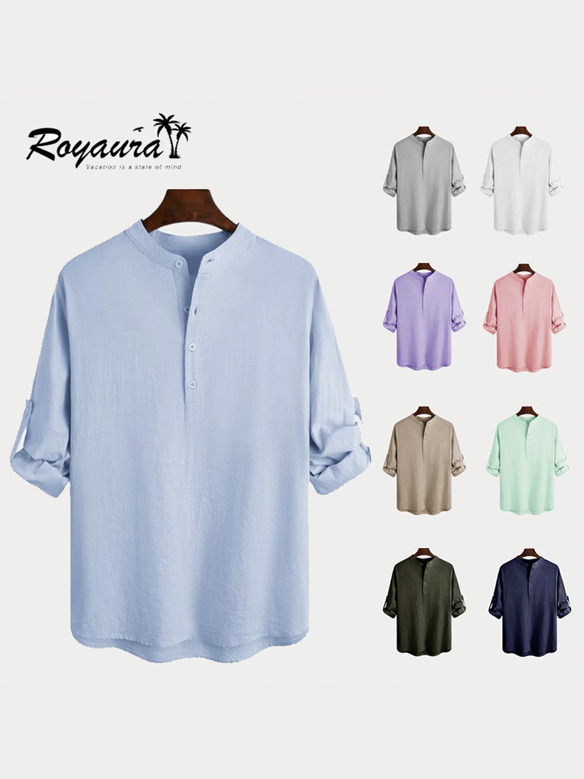 JoyMitty Vintage Casual Basic Natural Fiber Long Sleeve Stand Collar Shirts Breathable Comfortable Camp Shirts