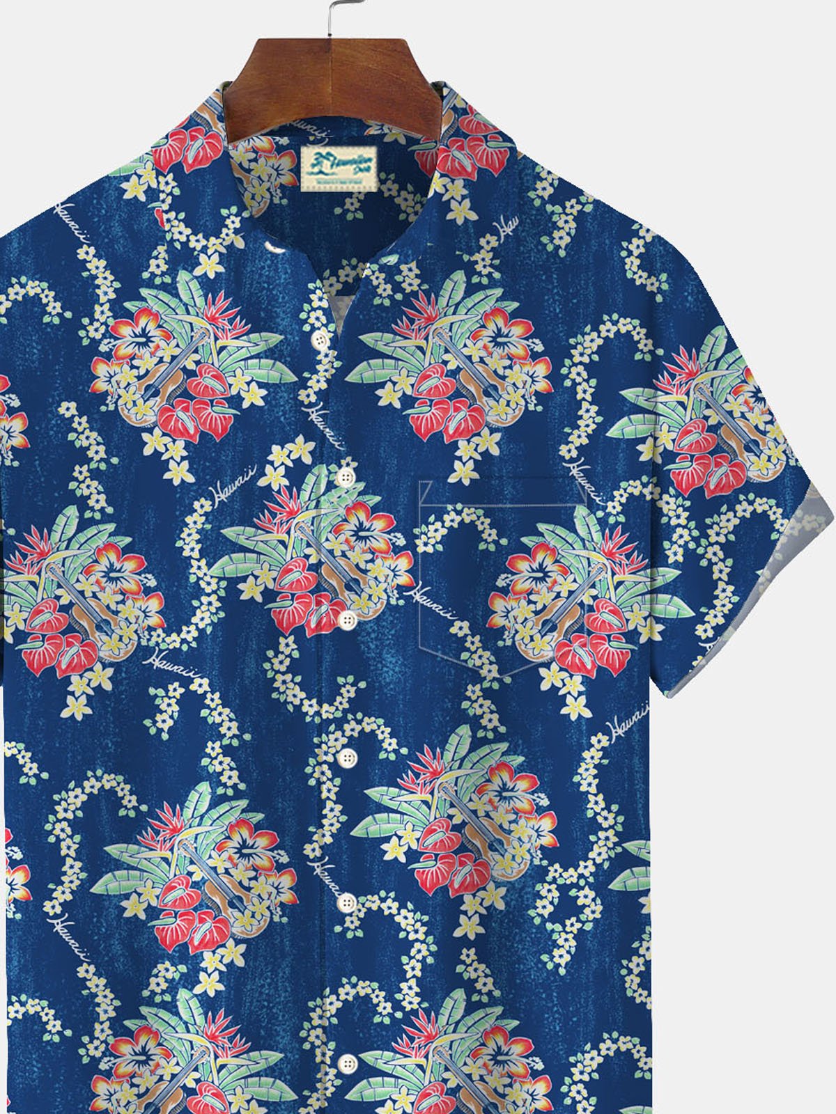 Hawaiian Floral Musical Instrument Print Men's Button Pocket Shirt