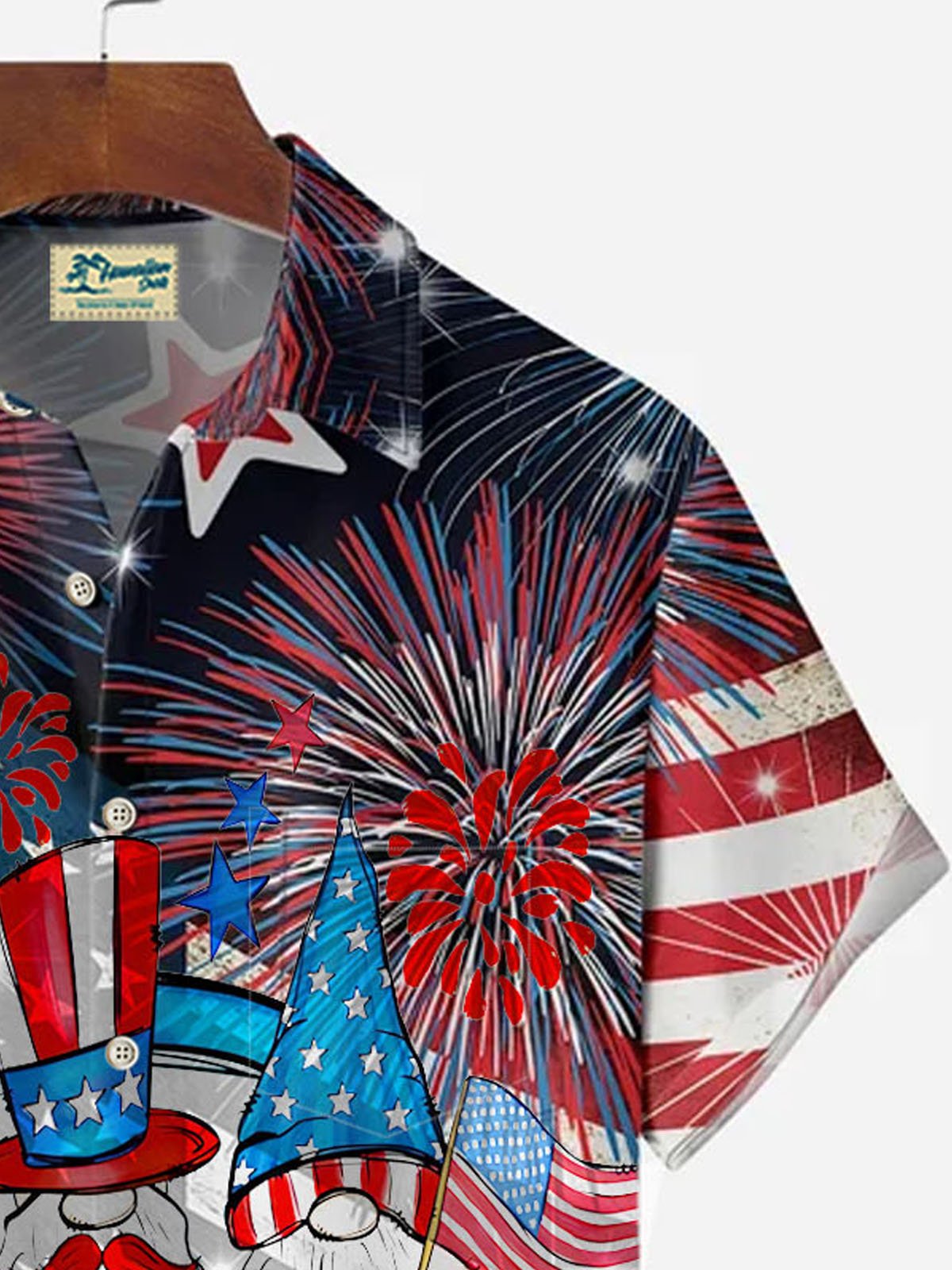 Flag Gnome Fireworks Print Men's Stand Collar Button Pocket Shirt