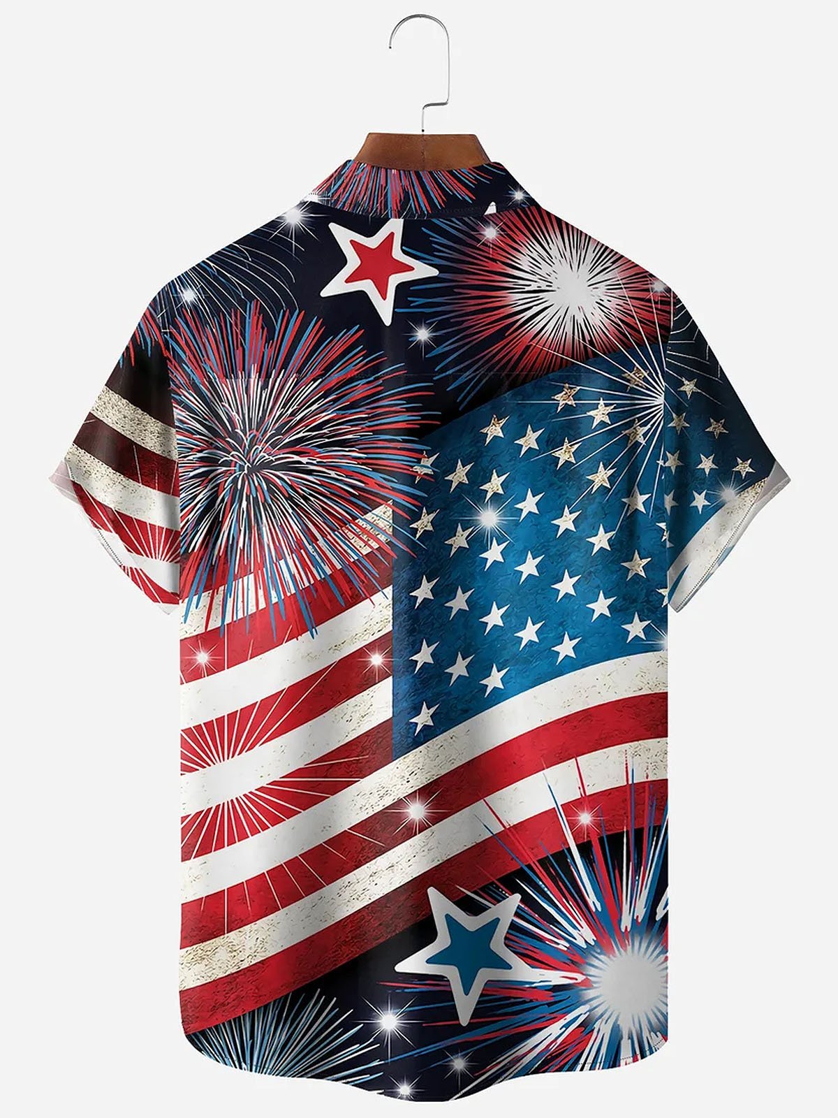 Flag Gnome Fireworks Print Men's Stand Collar Button Pocket Shirt