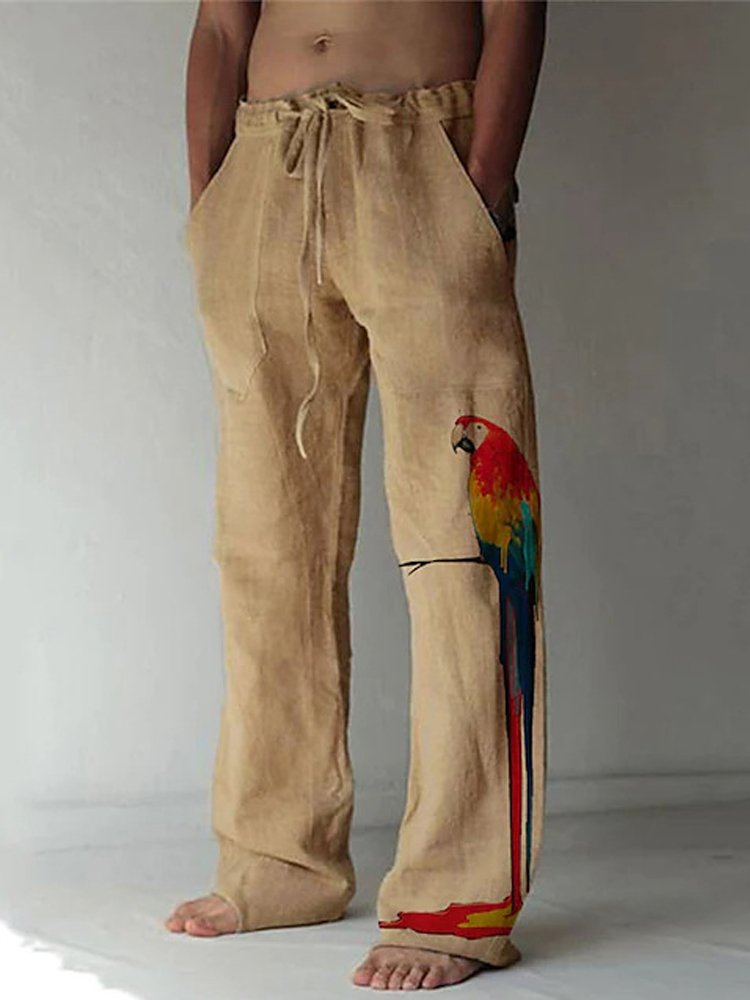 JoyMitty Parrot Print Vacation Casual Hawaiian Men's Straight Fit Drawstring Stretch Beach Pants