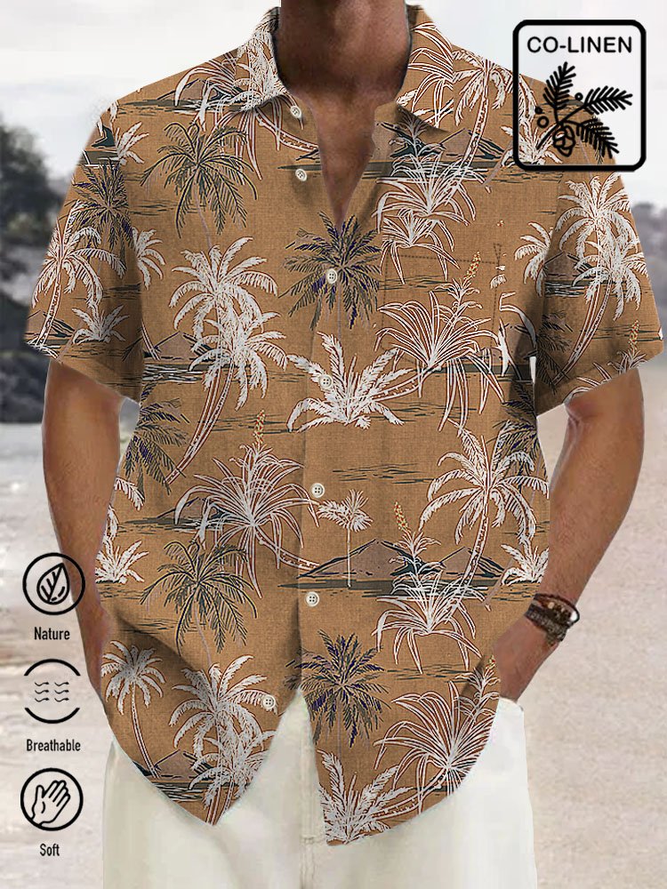  Linen Hawaiian Coconut Tree Blue Print Chest Bag Shirt Plus Size Holiday Shirt